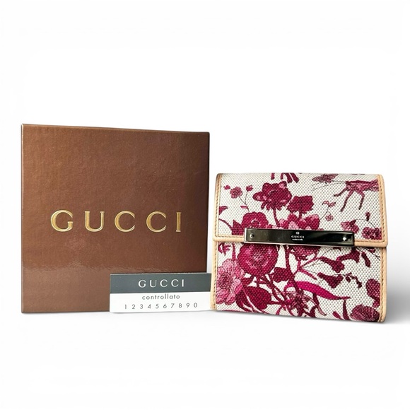 Gucci Handbags - Gucci Floral Pink White & Tan Canvas & Leather Compact Bifold Wallet